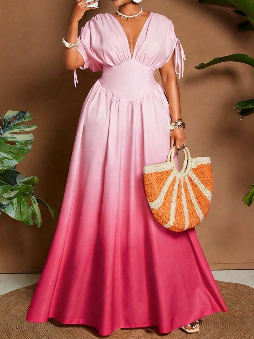 Multicolor Casual Women's Plus Size Ombre Tie-Front V-Neck A-Line Maxi Dress